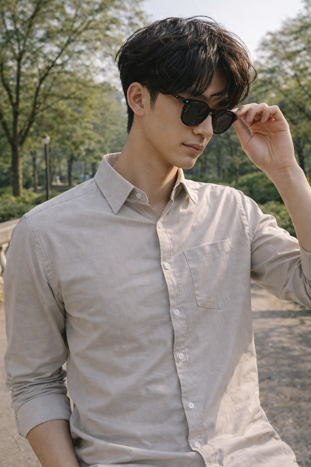 Men's cream slim-fit casual shirt, product view
