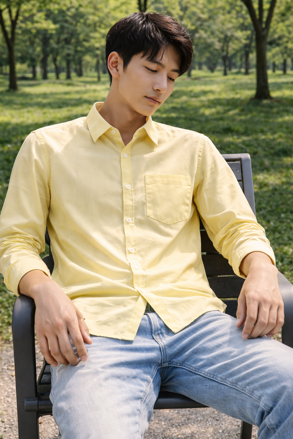Men's light yellow slim-fit casual shirt, product view