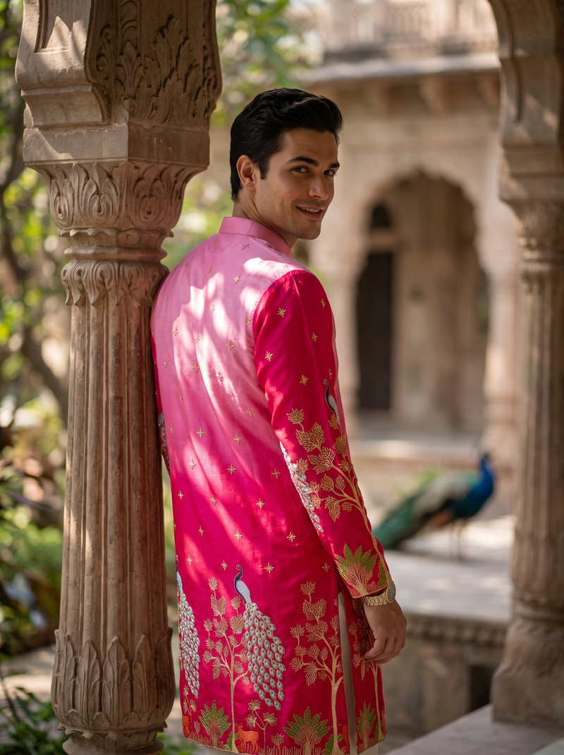 Men's Ombre Pink Peacock Embroidered Art Silk Kurta 9
