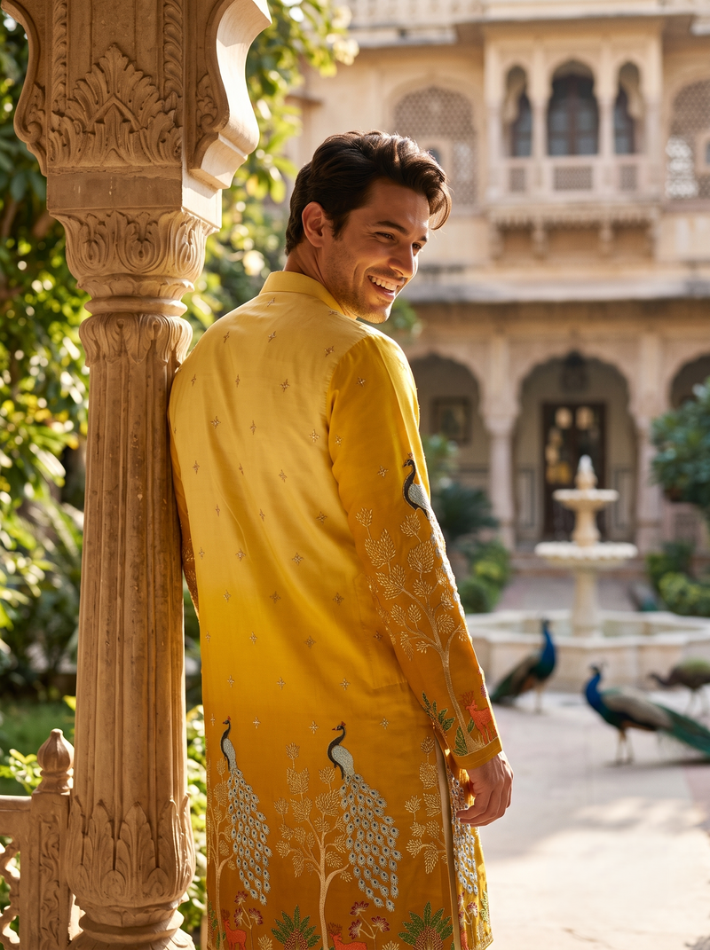 Men's Festive Yellow Ombre Art Silk Kurta with Peacock & Forest Embroidery 10