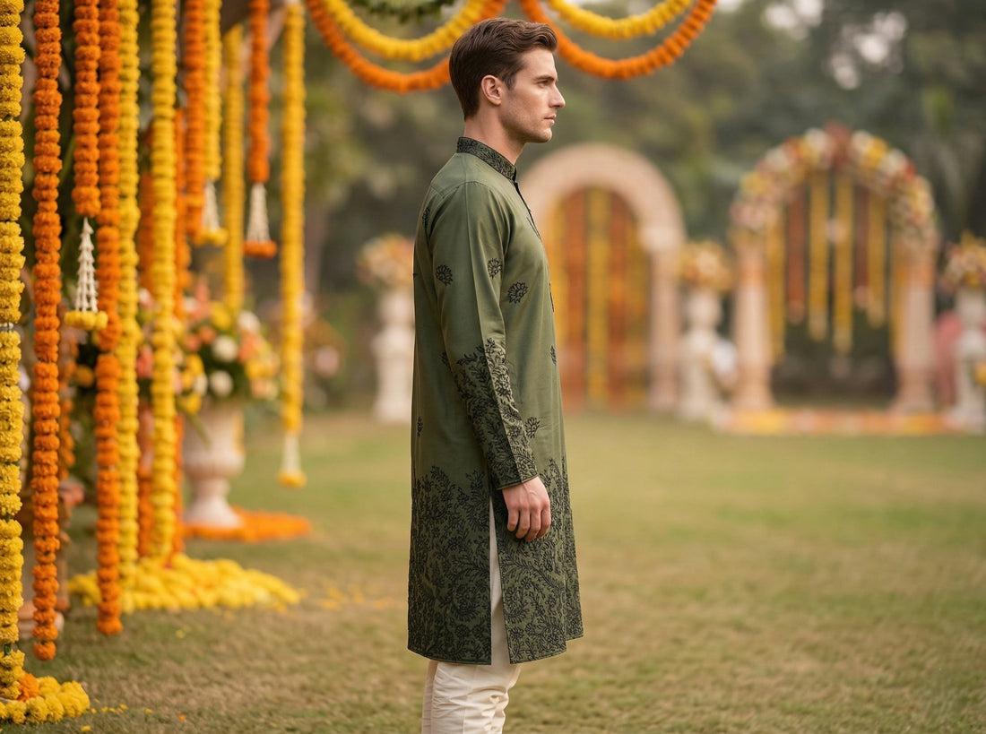 Men Olive Green Embroidered Ethnic Kurta