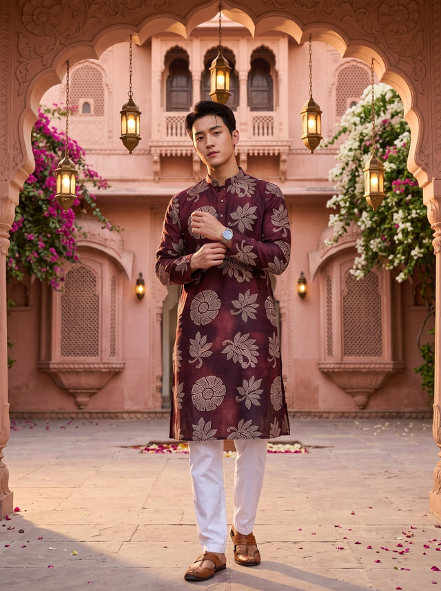 Men's Wine Maroon Beige Botanical Print Viscose Rayon Blend Kurta