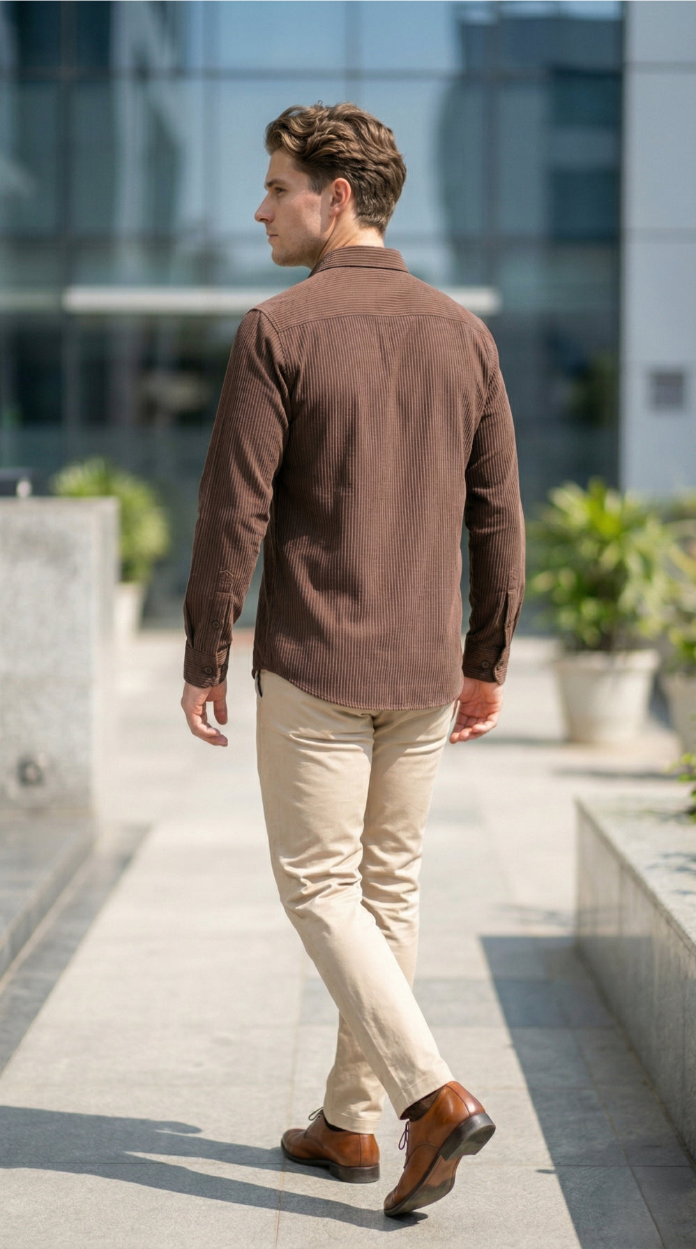 Men Brown Textured Striped Slim Fit Casual Shirt