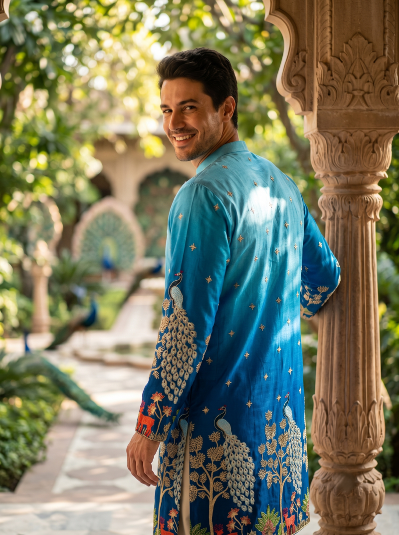 Men's Ombre Blue Peacock & Forest Embroidered Art Silk Kurta 6