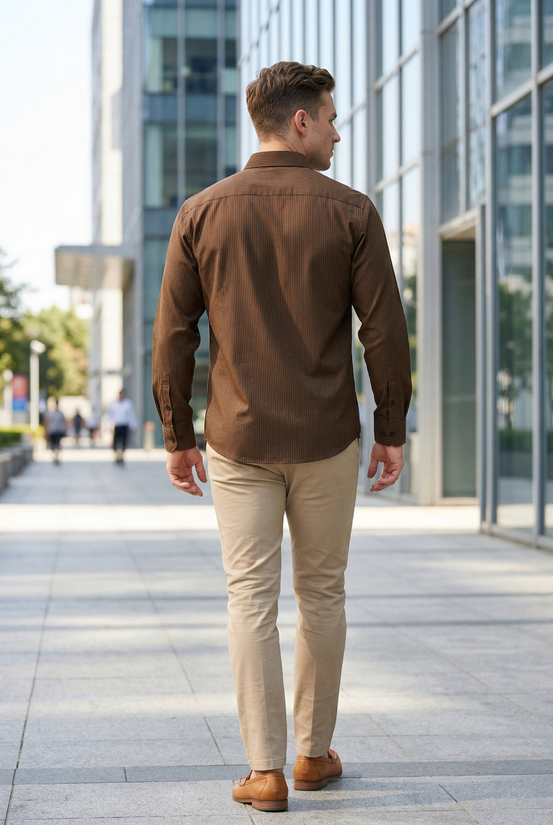 Men Dark Brown Textured Striped Slim Fit Casual Shirt