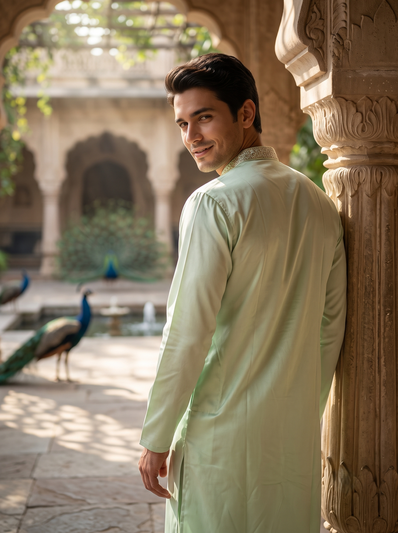 Men's Pistachio Green Embroidered Art Silk Kurta 9