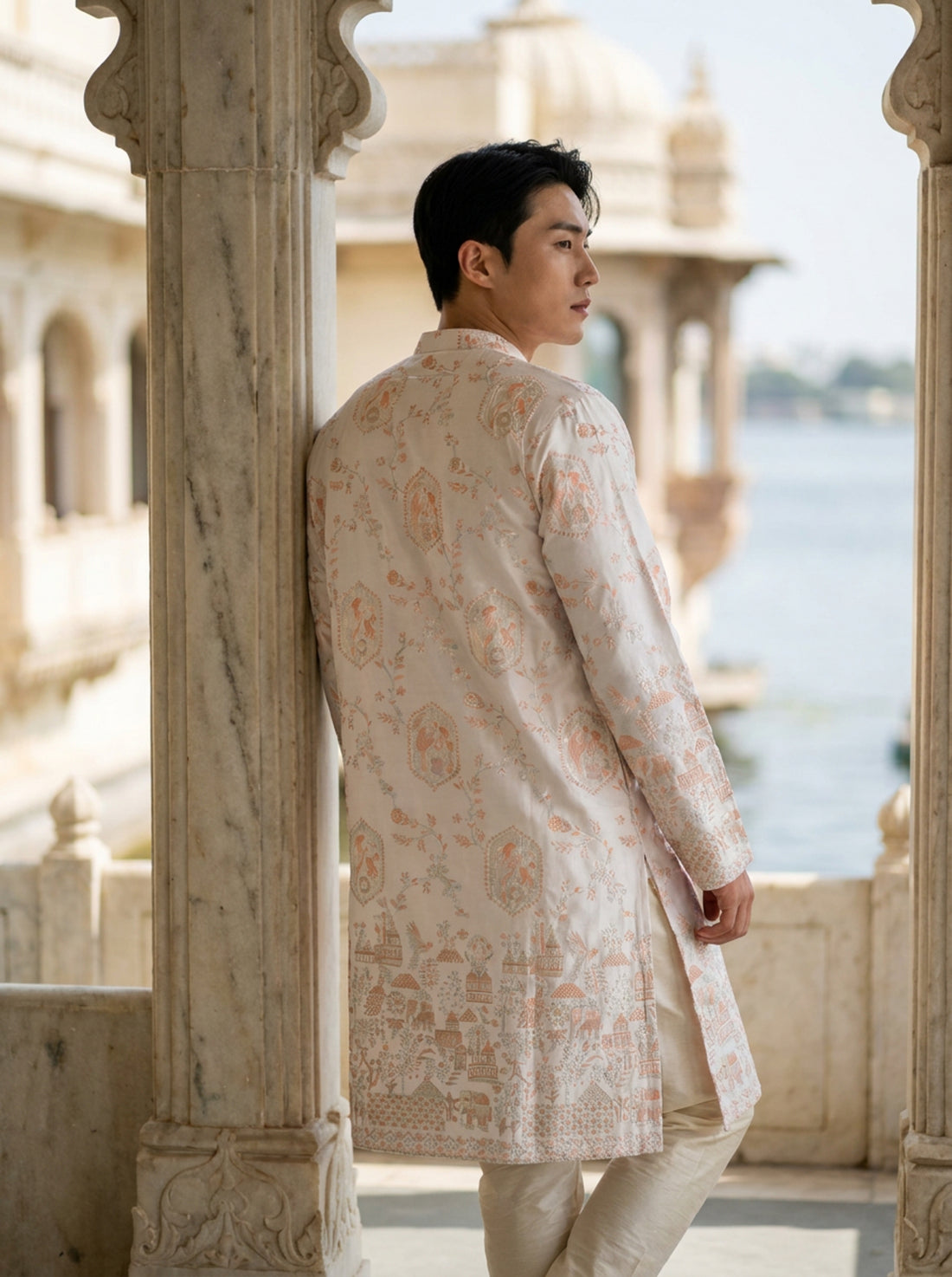 Men's Ivory Embroidered Art Silk Blend Festive Kurta