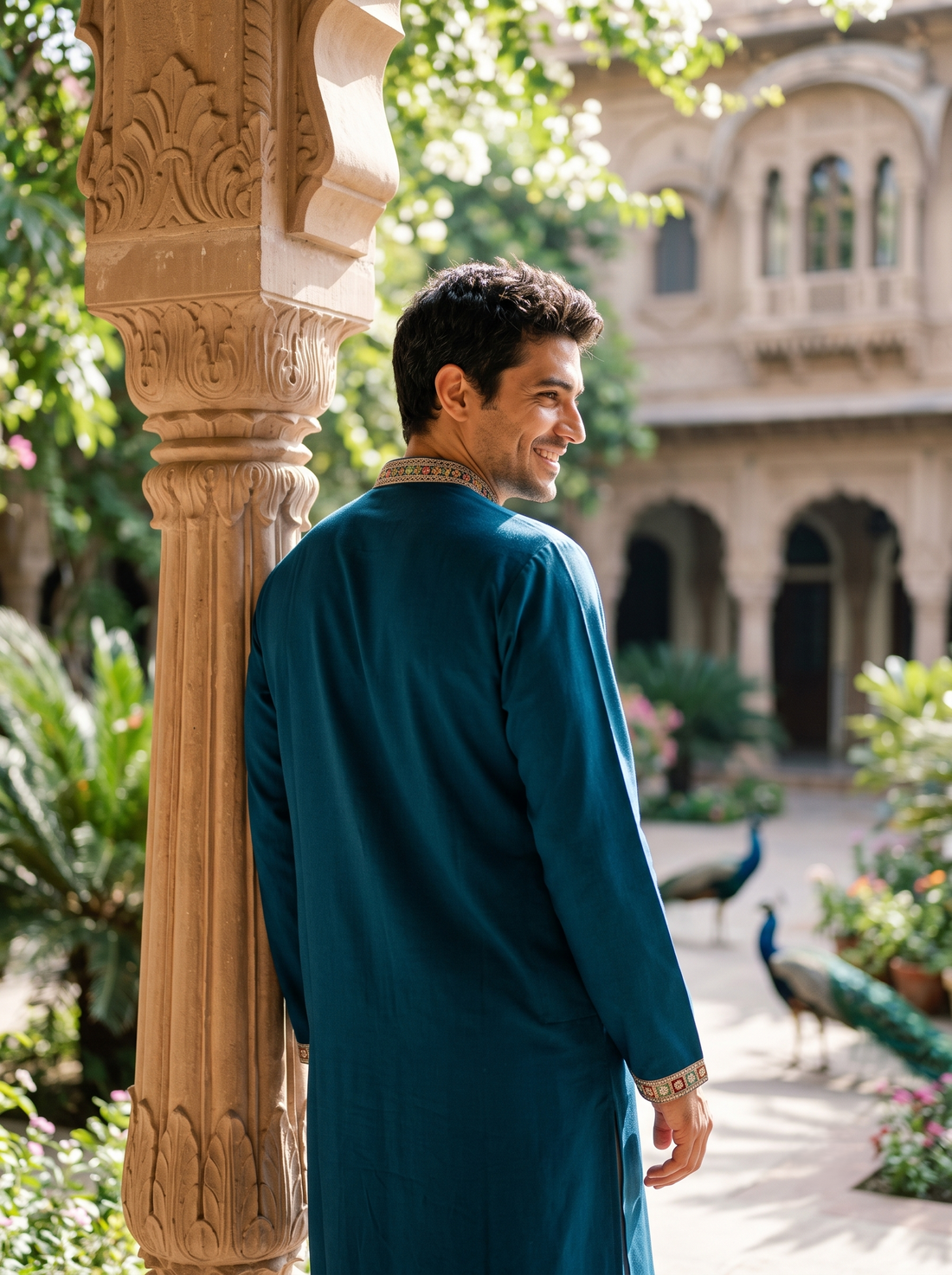 Men's Navy Floral Embroidered Art Silk Blend Kurta