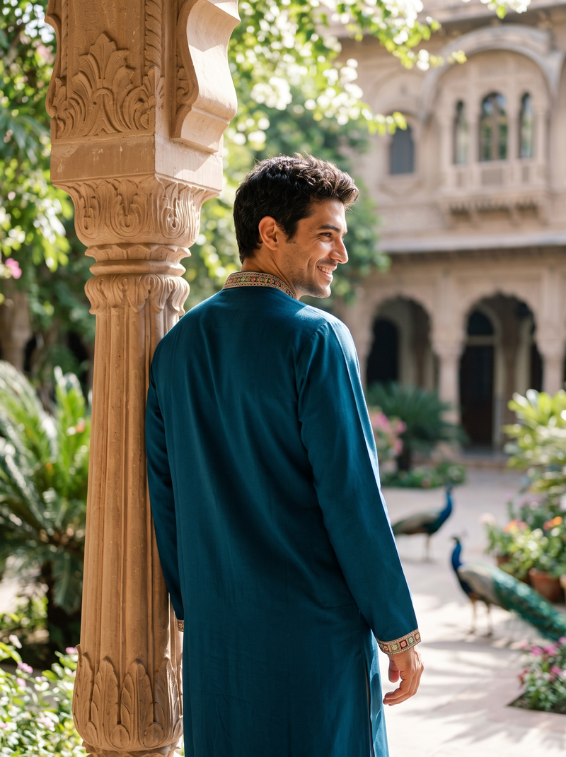 Men's Navy Blue Floral Embroidered Art Silk Blend Kurta Pyjama Set 9