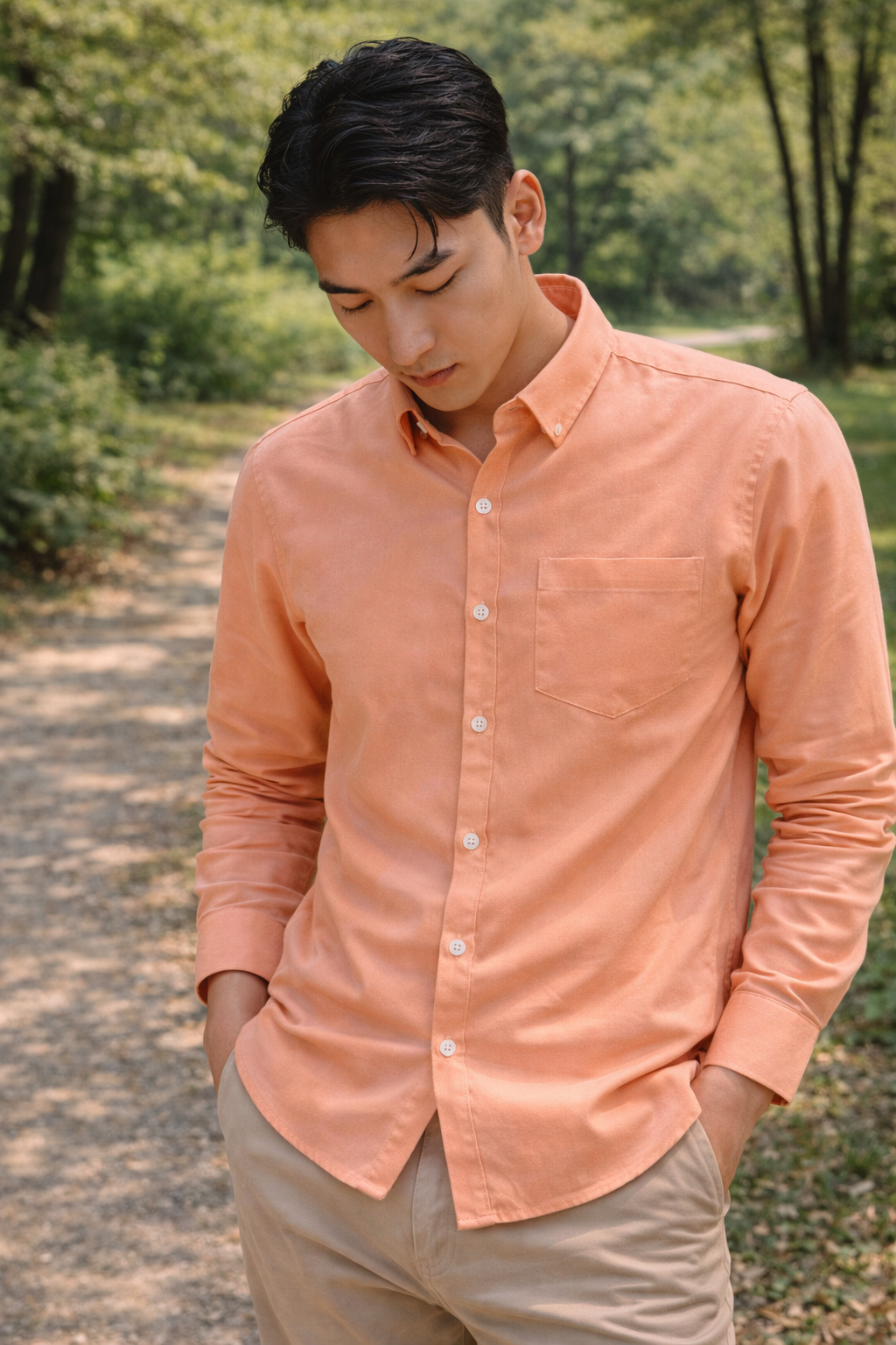Men's peach slim-fit casual shirt, product view