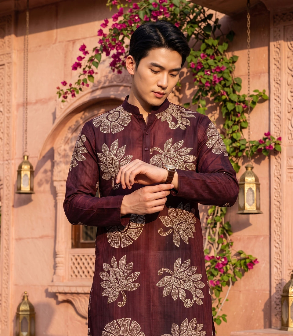 Men's Wine Maroon Beige Botanical Print Viscose Rayon Blend Kurta