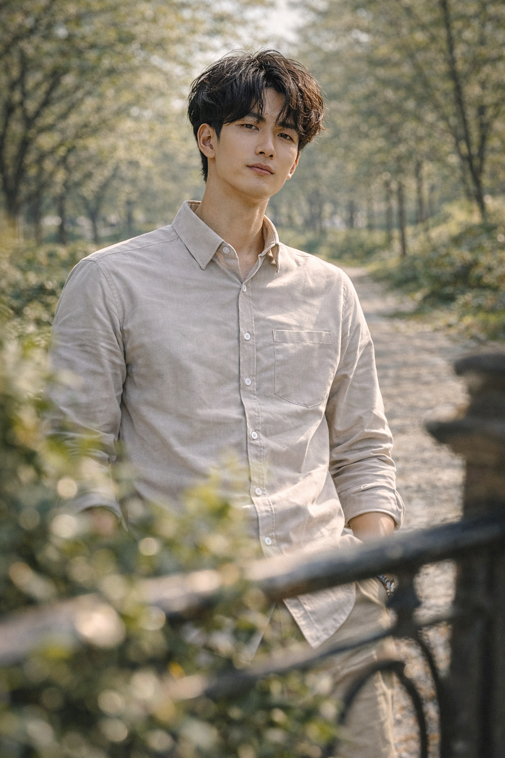 Men's cream slim-fit casual shirt, product view