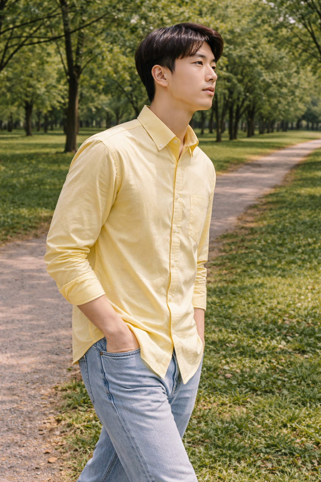 Men's light yellow slim-fit casual shirt, product view