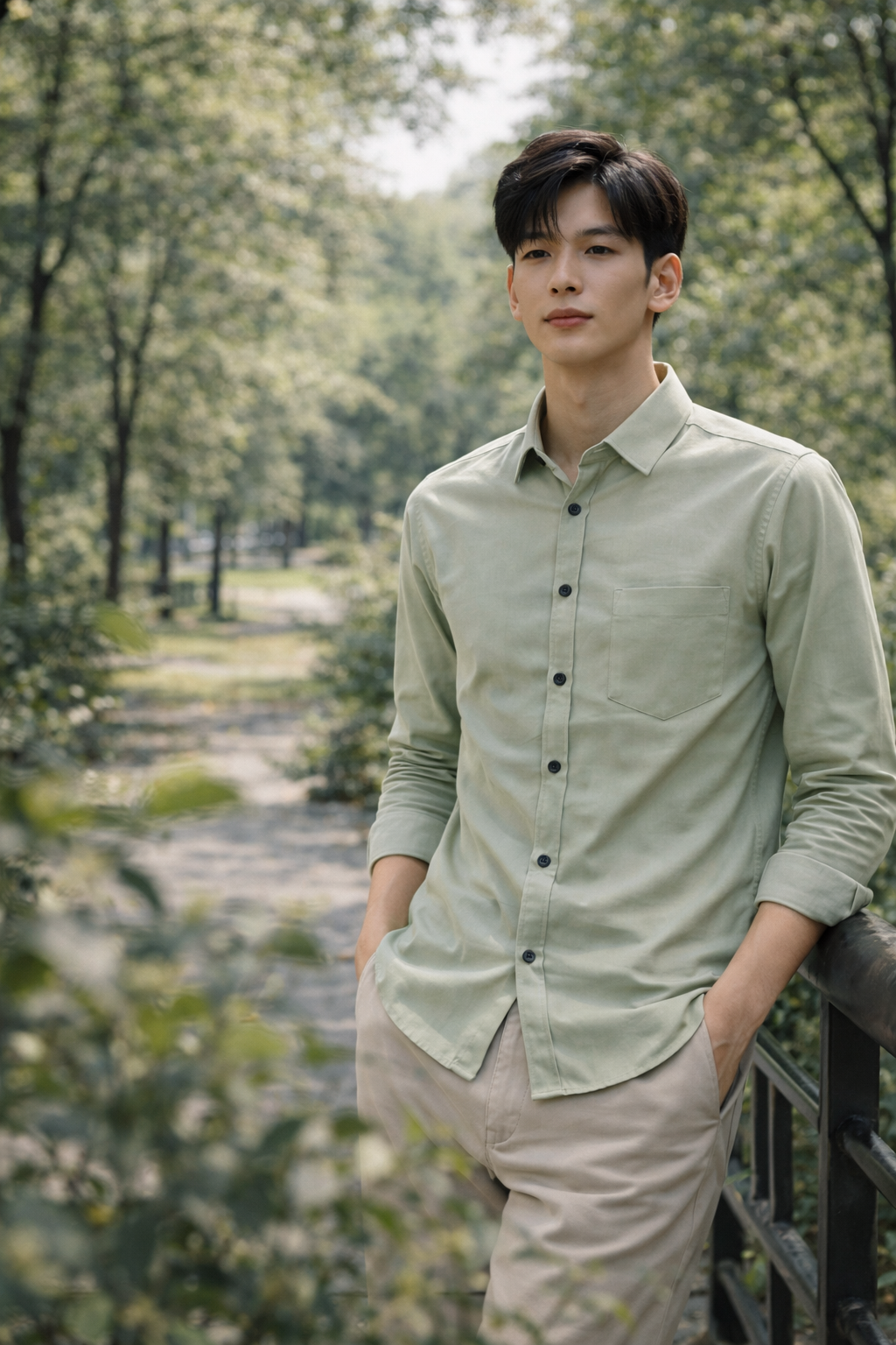 Men's sage green slim-fit casual shirt, product view