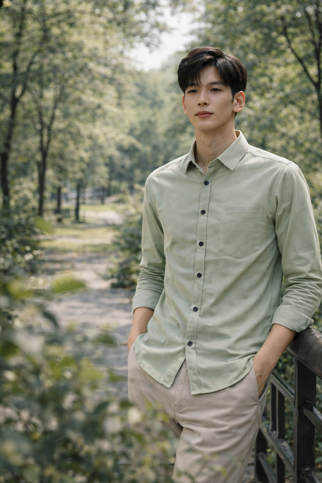 Men's sage green slim-fit casual shirt, product view