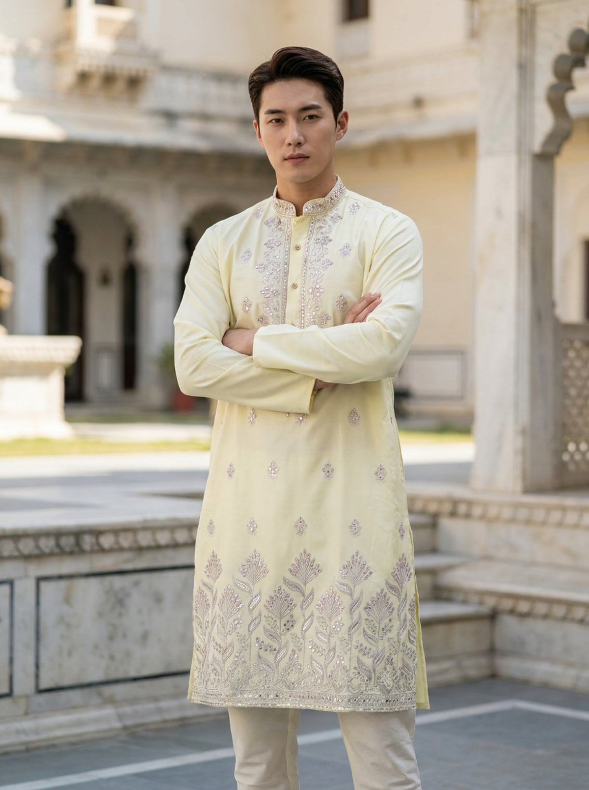 Men's Ivory Art Silk Blend Festive Embroidered Kurta