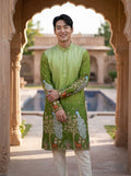 Men's Art Silk Ombre Green Tree of Life Embroidered Kurta