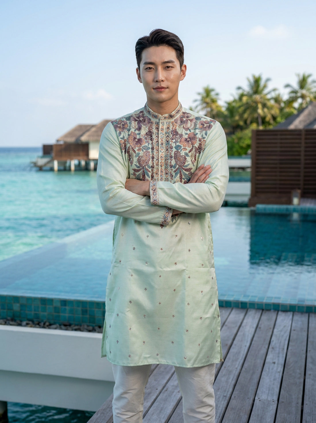 Men's mint green embroidered art silk kurta with arms crossed
