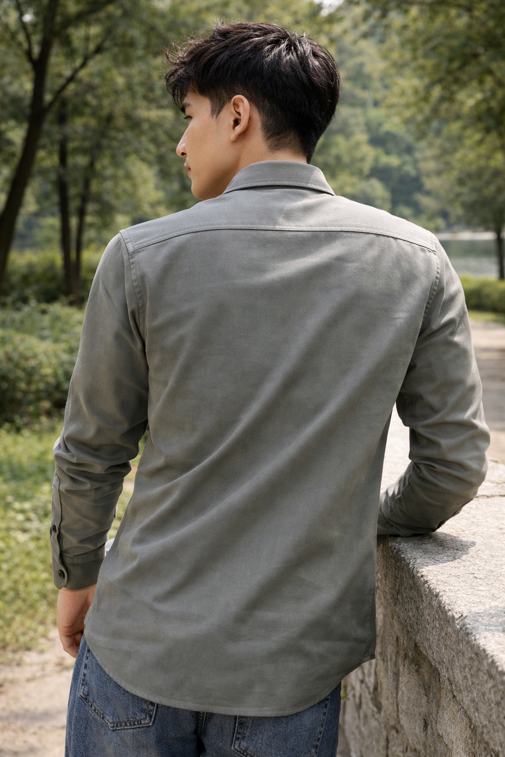 Men's grey slim-fit casual shirt, product view