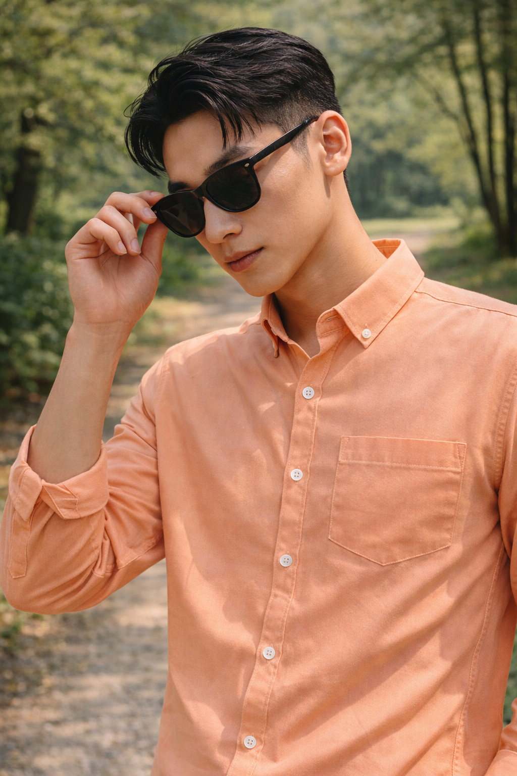 Men's peach slim-fit casual shirt, product view
