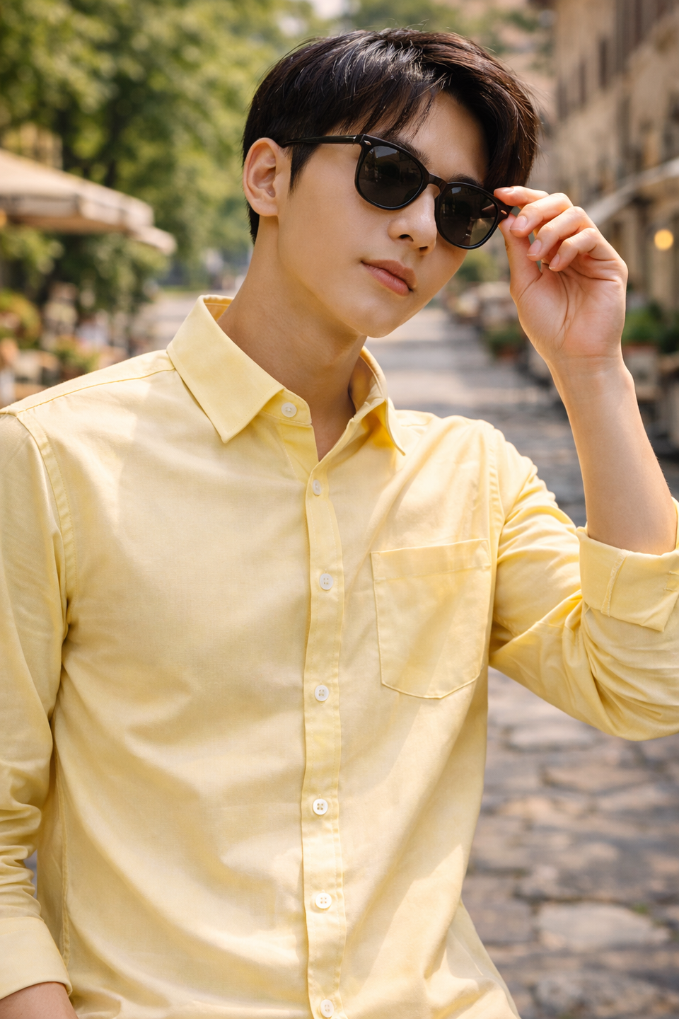 Men's light yellow slim-fit casual shirt, product view