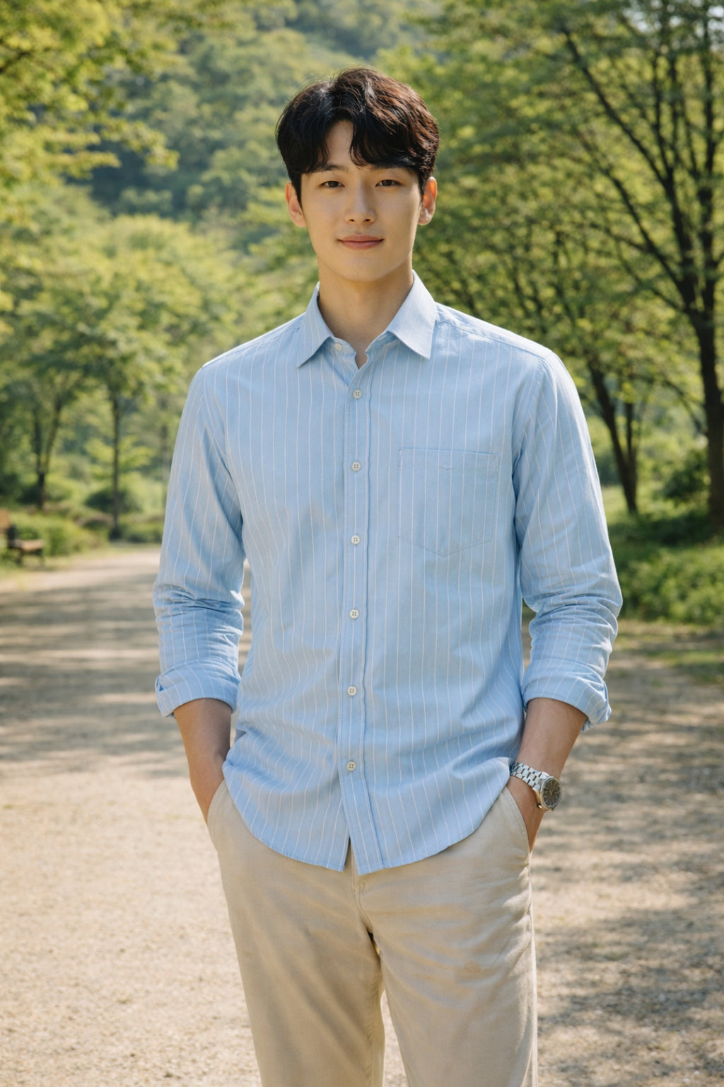 Mens Light Blue Striped Slim Fit Casual Shirt