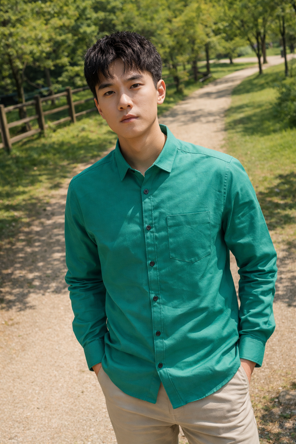 Men's teal green slim-fit casual shirt, product view