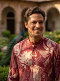 Men's Maroon Floral & Architectural Print Art Silk Blend Kurta
