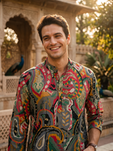 Men's Vibrant Multicolor Paisley Print Art Silk Blend Kurta 1