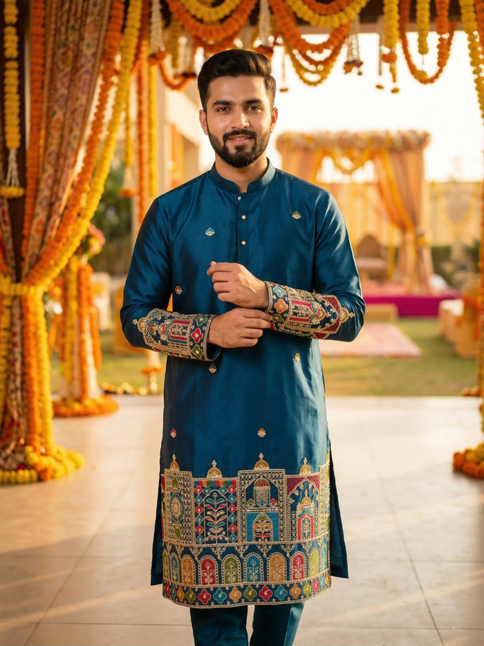 Men Blue Kurta for Festive & Wedding Wear with Ethnic Border 2