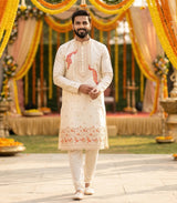 Men Cream Peacock Embroidered Ethnic Kurta with Floral Border 2