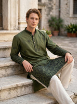Men Olive Green Embroidered Ethnic Kurta 1