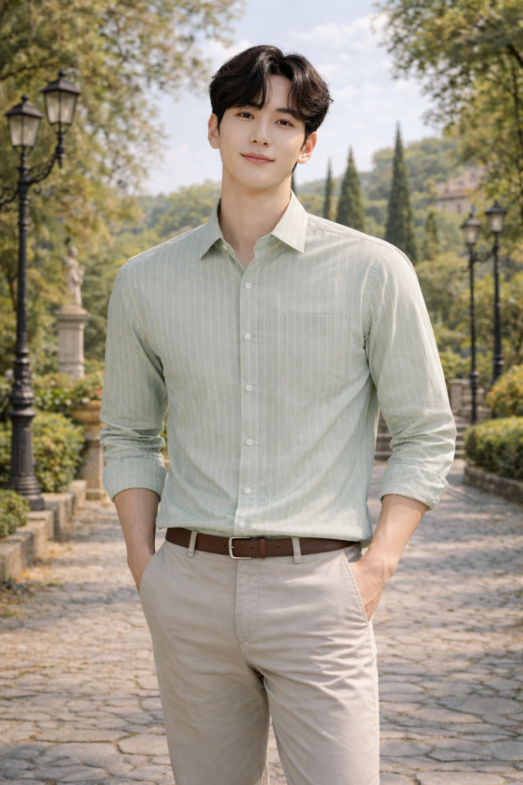Mens Light Green Striped Slim Fit Casual Shirt