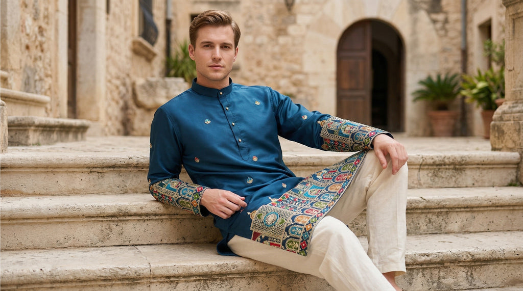 Men Blue Kurta for Festive & Wedding Wear with Ethnic Border
