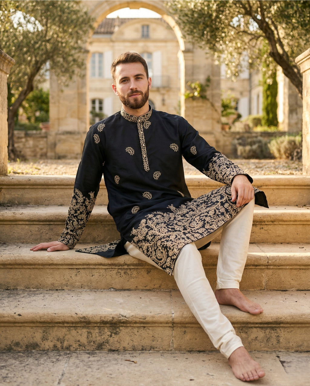 Men Black Embroidered Ethnic Kurta with Gold Detailing