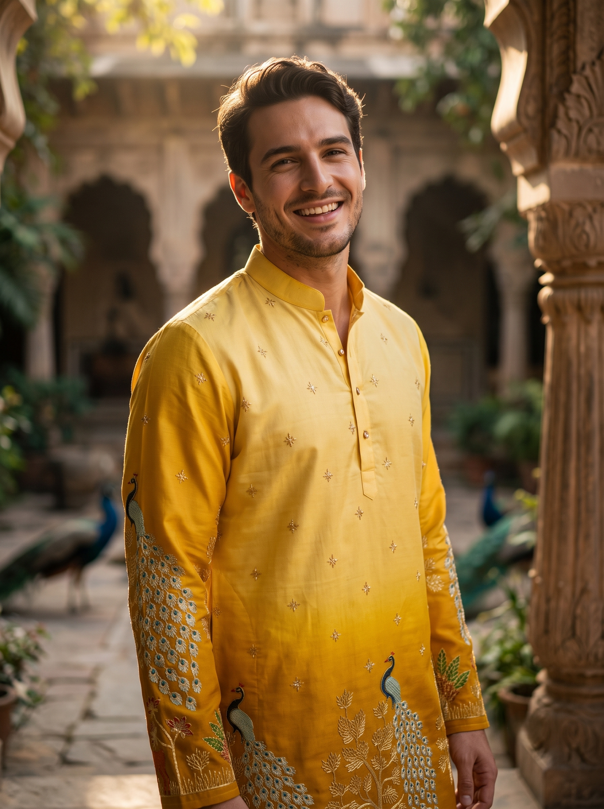 Men's Festive Yellow Ombre Art Silk Kurta with Peacock & Forest Embroidery