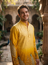 Men's Festive Yellow Ombre Art Silk Kurta with Peacock & Forest Embroidery 1