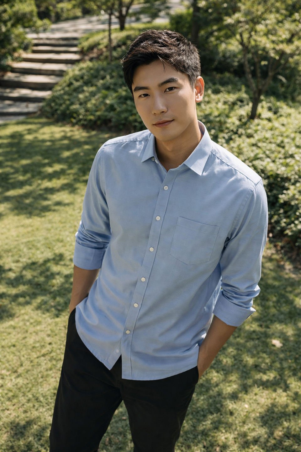 Men's light blue slim-fit casual shirt, product view