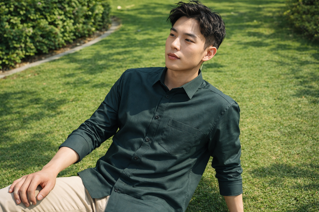 Men's dark green slim-fit casual shirt, product view