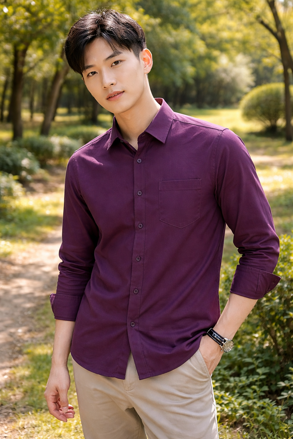 Men's plum slim-fit casual shirt, product view