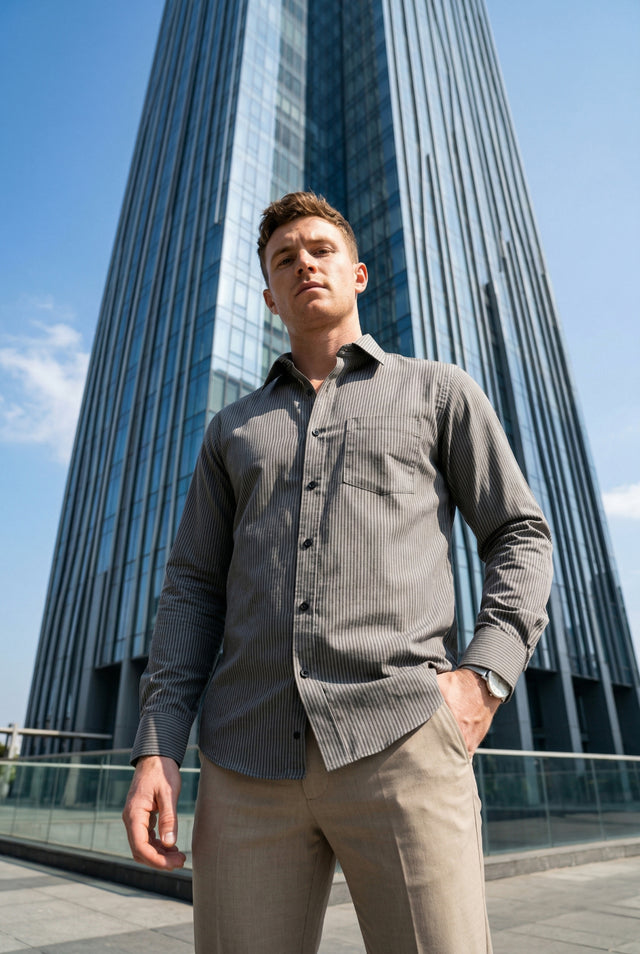 Men Grey Textured Striped Slim Fit Casual Shirt