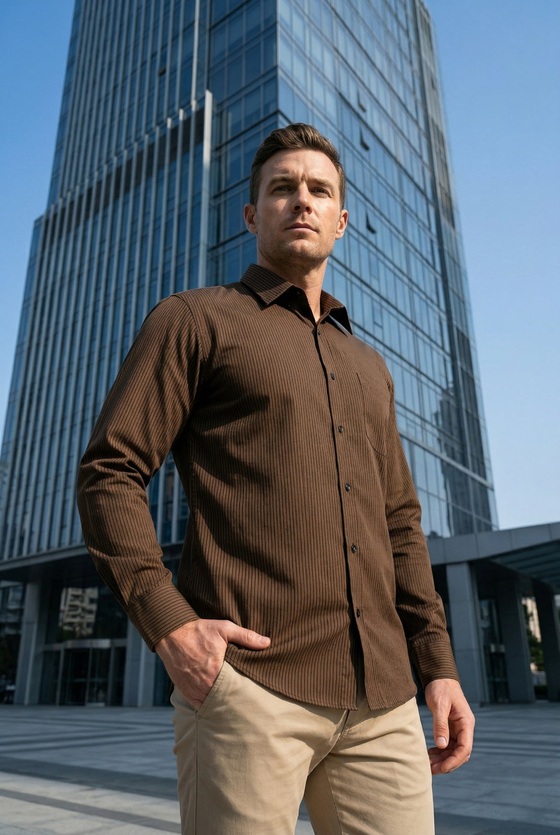 Men Dark Brown Textured Striped Slim Fit Casual Shirt
