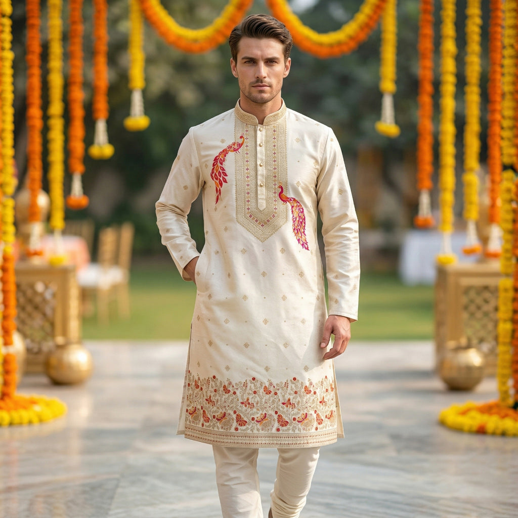 Men Cream Peacock Embroidered Ethnic Kurta with Floral Border