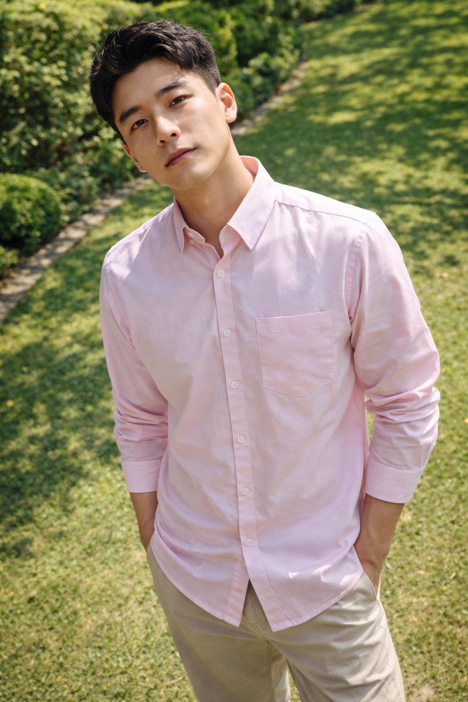 Men's light pink slim-fit casual shirt, product view