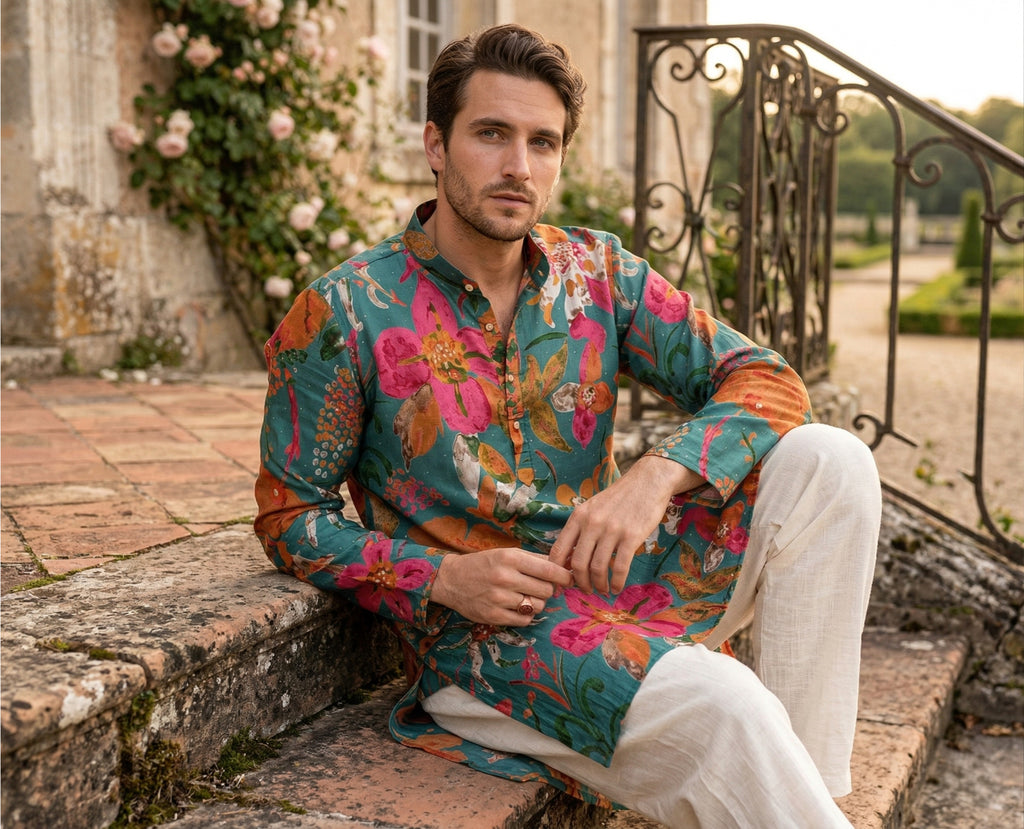 Men Teal Green Floral Printed Kurta