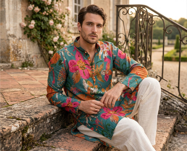 Men Teal Green Floral Printed Kurta — TryBuy®