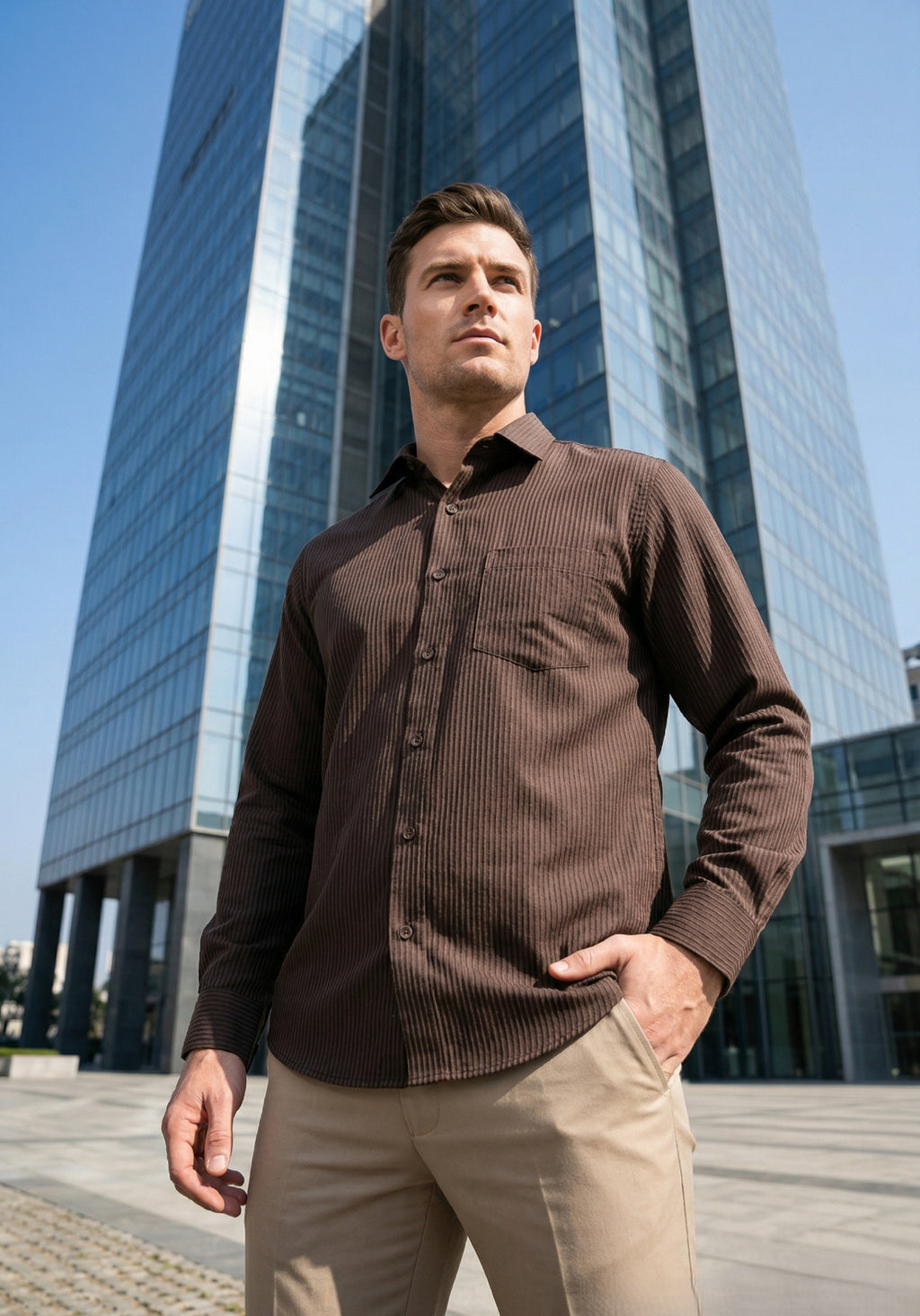 Men Brown Textured Striped Slim Fit Casual Shirt