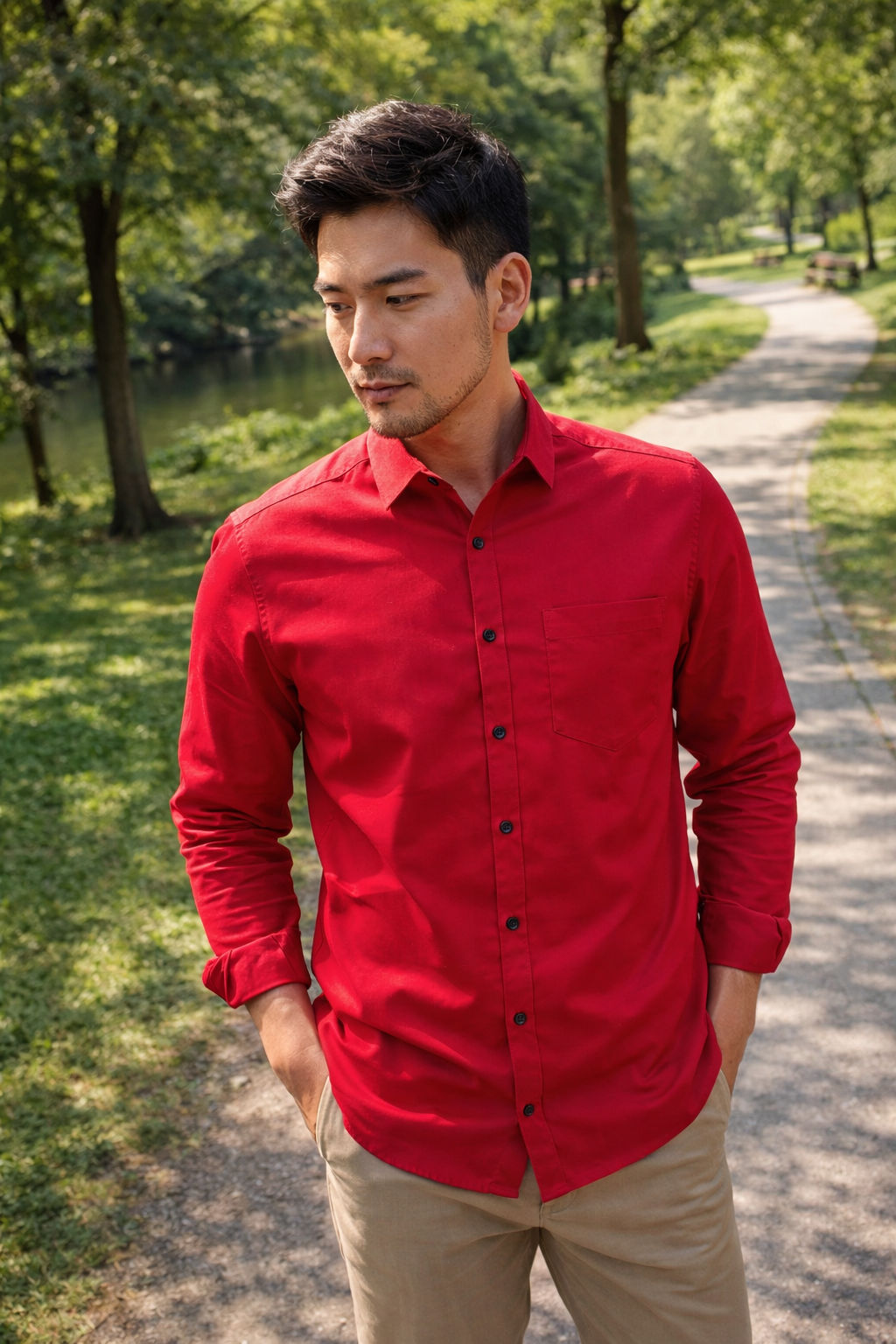 Men's classical red slim-fit casual shirt, product view