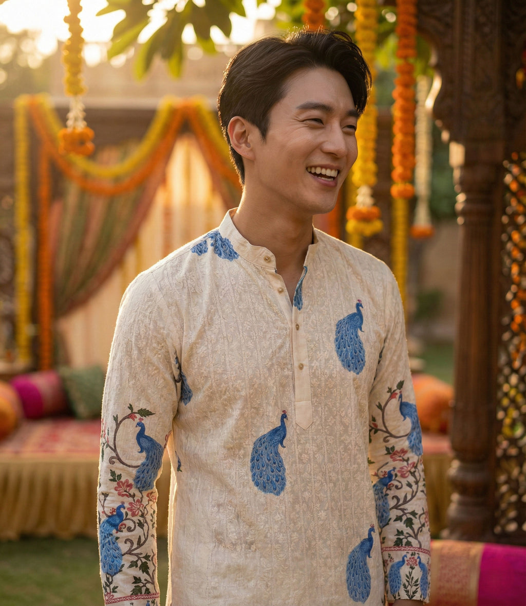 Men Cream Peacock Motif Printed Ethnic Kurta