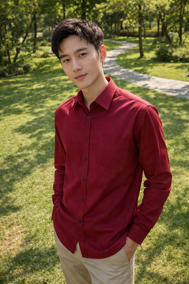 Men's red slim-fit casual shirt, product view